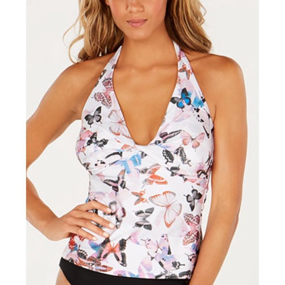 NWT DKNY Butterfly Printed Twist-Front Halter Tankini Swim Top Size XS A1510